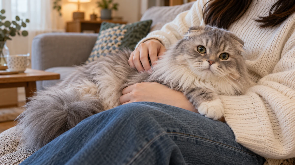 Scottish Fold Longhair kedi — sahibinin kucağında