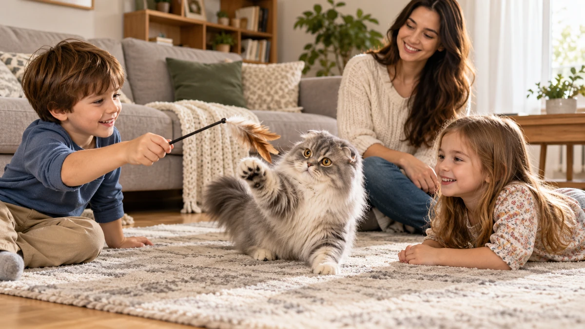 Scottish Fold Longhair kedi — çocuklarla oyun