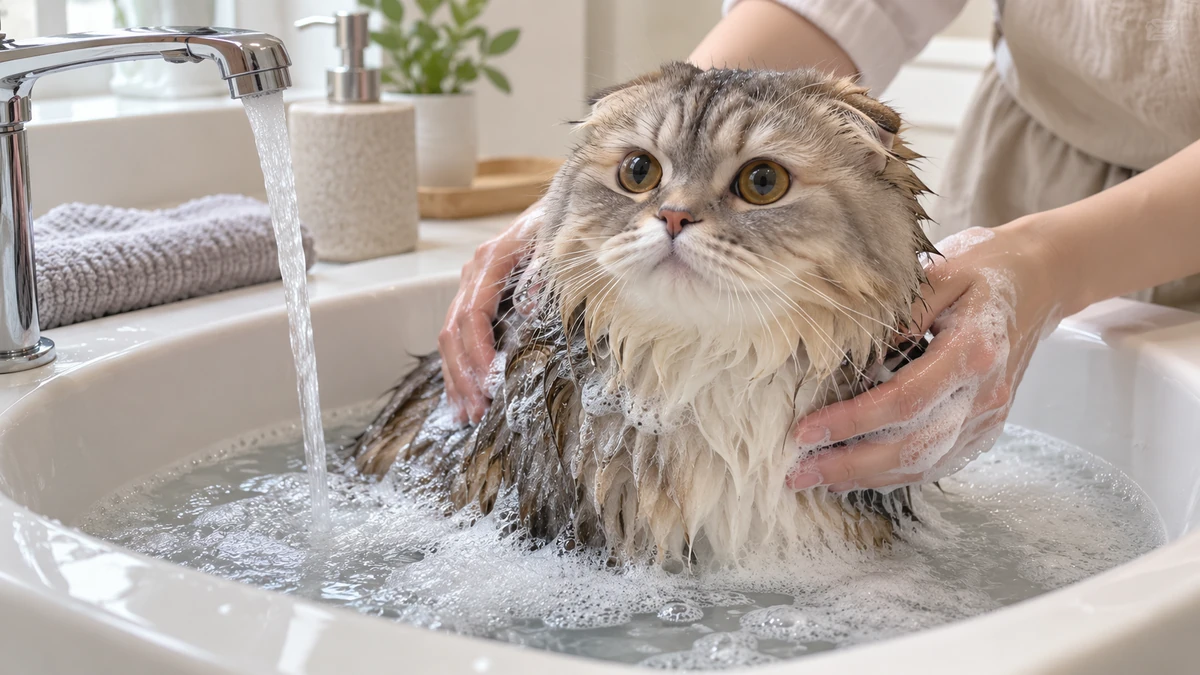 Scottish Fold Longhair kedi — banyo ve temizlik