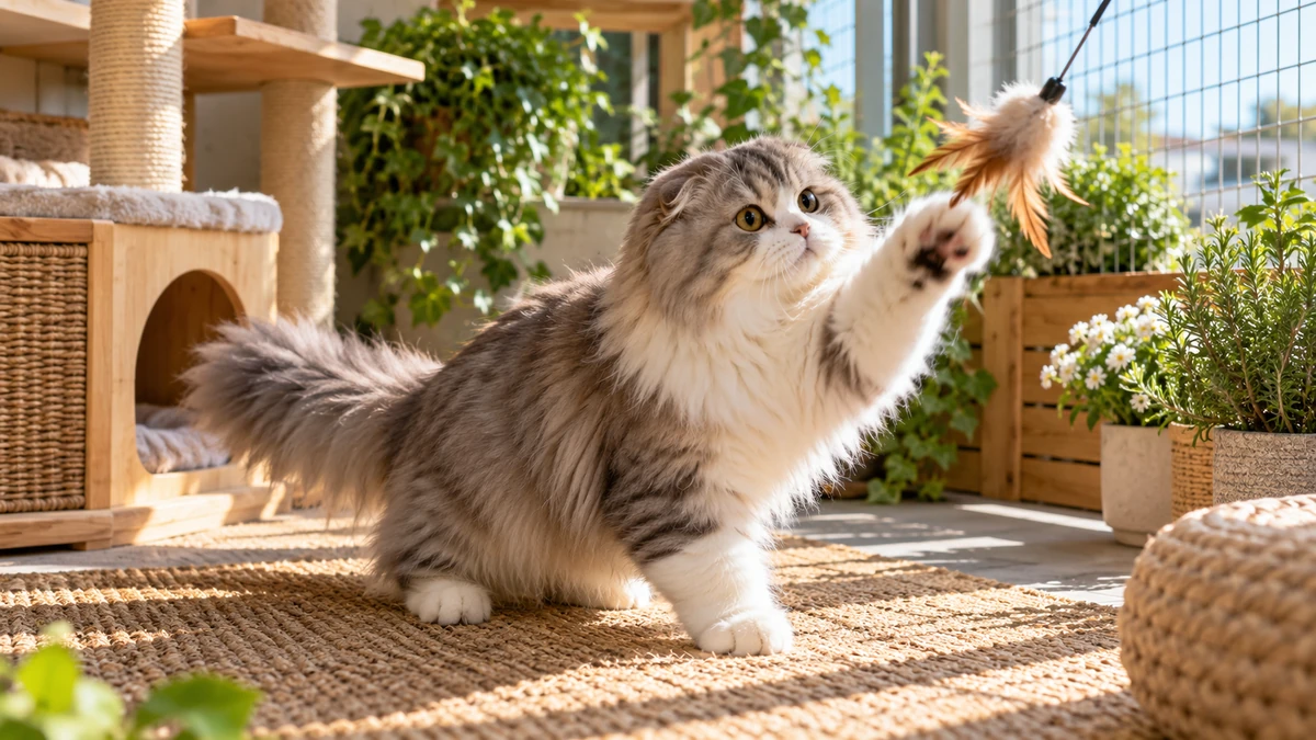 Scottish Fold Longhair kedi — oyun ve egzersiz anı